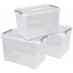 CURVER Lot De 3 Boîtes De Rangement Handy 65L - Boîte De Rangement Multifonction - Pour Chambre, Bureau, Garage, Cabanon, Buanderie - Fermeture Rapide à Poignées - Transparent