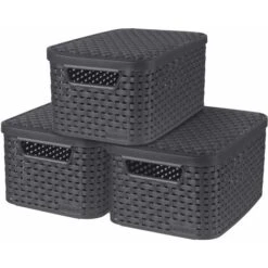 CURVER Lot De 3 Boîtes Avec Couvercle - 3 Caisses (36L) Avec Un Design Rotin Tressé Pour Salle De Bain, Chambre, Bureau - Poignées Ergonomiques - Gris Foncé