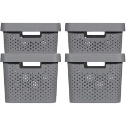 CURVER Lot De 4 Bacs De Rangement INFINITY Avec Couvercles 2x(11L+17L), Gris Anthracite, Pour Bureau, Chambre, Buanderie, 100% Recyclé