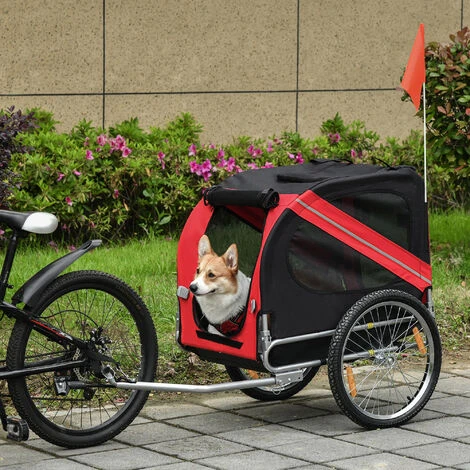 PawHut Remorque Vélo Pour Chien Animaux Pliable 8 Réflecteurs Drapeau Barre Attelage Inclus Acier Polyester Imperméable Max. 30 Kg 130L X 73l X 90H Cm Rouge 4 PawHut Remorque Vélo Pour Chien Animaux Pliable 8 Réflecteurs Drapeau Barre Attelage Inclus Acier Polyester Imperméable Max. 30 Kg 130L X 73l X 90H Cm Rouge – Image 2