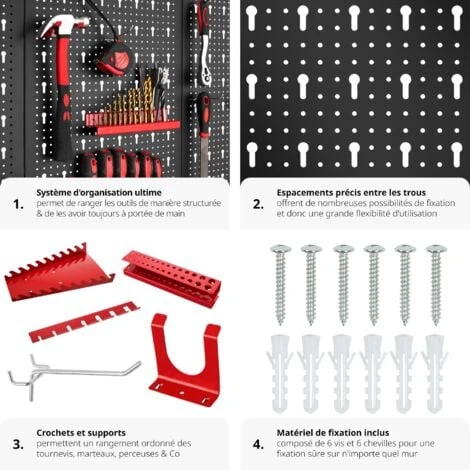 Panneaux Perforés Pour Rangerment D'outils Avec 25 Crochets Et Supports 120x2x60cm - Porte Outils Mural, Support Outils Mural, Range Outils Mural 6 Panneaux Perforés Pour Rangerment D'outils Avec 25 Crochets Et Supports 120x2x60cm - Porte Outils Mural, Support Outils Mural, Range Outils Mural – Image 4