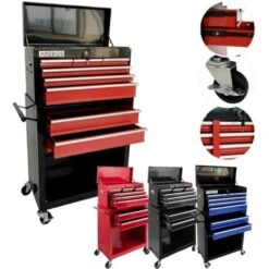 AREBOS Servante D'atelier à 9 Tiroirs Tapis Antidérapants Chariot Avec Caisse à Outils Amovible Verrouillable Rouge/Noir