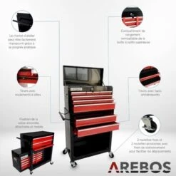 AREBOS Servante D'atelier à 9 Tiroirs Tapis Antidérapants Chariot Avec Caisse à Outils Amovible Verrouillable Rouge/Noir -Stanleyfaco Magasin 27154060 4