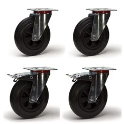 Lot Roulettes Pivotantes Et Pivotantes à Frein Caoutchouc Noir 125 Mm - 300 Kg