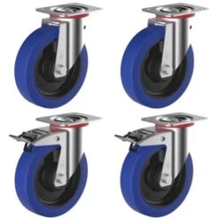 Lot Roulettes Pivotantes Et Pivotantes à Frein Caoutchouc EASYROLL® BLEU 100 Mm Charge - 420 Kg