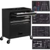 AREBOS Chariot D'atelier Avec 4 Compartiments 4 Tiroirs à Roulement à Billes Avec 81 Pièces D'outils équipé De Tapis Antidérapants 2 Roulettes Avec Frein De Blocage Noir -Stanleyfaco Magasin 42003280 1