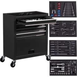 AREBOS Chariot D'atelier Avec 4 Compartiments 4 Tiroirs à Roulement à Billes Avec 81 Pièces D'outils équipé De Tapis Antidérapants 2 Roulettes Avec Frein De Blocage Noir