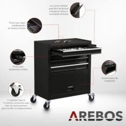 AREBOS Chariot D'atelier Avec 4 Compartiments 4 Tiroirs à Roulement à Billes Avec 81 Pièces D'outils équipé De Tapis Antidérapants 2 Roulettes Avec Frein De Blocage Noir -Stanleyfaco Magasin 42003280 4