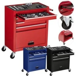 AREBOS Servante D'atelier 4 Compartiments Avec 81 Pièces D'outils Chariot à Outils équipé Frein De Stationnement Rouge