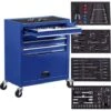 AREBOS Servante D'atelier 4 Compartiments Avec 81 Pièces D'outils Chariot à Outils équipé Frein De Stationnement Bleu -Stanleyfaco Magasin 42007531 1