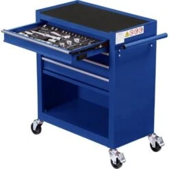 AREBOS Servante D'atelier 4 Compartiments Avec 81 Pièces D'outils Chariot à Outils équipé Frein De Stationnement Bleu -Stanleyfaco Magasin 42007531 4