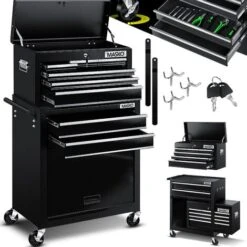 MASKO® Chariot D’atelier Avec Coffre : 9 compartiments, Verrouillable, Métal Robuste Chariot à Outils Sans Outils Chariot Pour Le Rangement Des Outils Avec Serrure, Le Noir