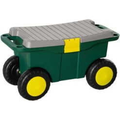 OUTSUNNY Tabouret De Jardin Caisse à Outils 2 En 1 - Coffre Et Plaque Compartimentée De Rangement Verrouillable - 4 Roulettes, 2 Poignées - PP Gris Jaune Vert