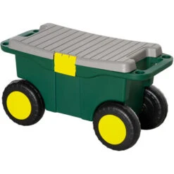 OUTSUNNY Tabouret De Jardin Caisse à Outils 2 En 1 - Coffre Et Plaque Compartimentée De Rangement Verrouillable - 4 Roulettes, 2 Poignées - PP Gris Jaune Vert -Stanleyfaco Magasin 52444462 3