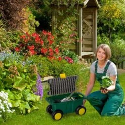 OUTSUNNY Tabouret De Jardin Caisse à Outils 2 En 1 - Coffre Et Plaque Compartimentée De Rangement Verrouillable - 4 Roulettes, 2 Poignées - PP Gris Jaune Vert -Stanleyfaco Magasin 52444462 4