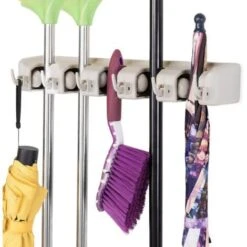 COSTWAY Porte Balais Mural Avec 5 Emplacements Et 6 Crochets/Support Balais Mural Pour Salle De Bain, Cuisine Ou Garage-Blanc