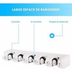 COSTWAY Porte Balais Mural Avec 5 Emplacements Et 6 Crochets/Support Balais Mural Pour Salle De Bain, Cuisine Ou Garage-Blanc -Stanleyfaco Magasin 55461070 5