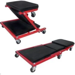 Froadp 92x44x12cm Chariot De Montage 2 En 1 Pour Voiture, Chariots De Visite Et Tabourets à Roulettes, Siège Pliable, Tabourets D'atelier Avec 6 Roues Rotatives à 360 °, Charge Maximale 150 Kg