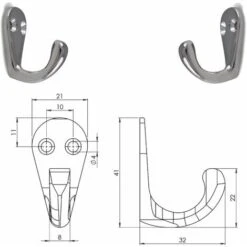 2x Crochet Métal Chromé Brillant Poli Hauteur 41mm Meuble Cuisine Salle De Bain Porte Serviette Manteau Chemise Torchon Décoration à Visser -Stanleyfaco Magasin 68540395 3
