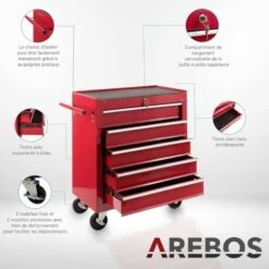 AREBOS Servante D’Atelier Servante Caisse à Outils 5 Tiroirs Rouge Tiroirs Pouvant être Verrouillés Résistante Aux Rayures -Stanleyfaco Magasin 7557532 4
