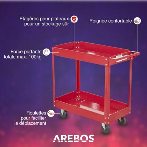 AREBOS Chariot Servante D’Atelier Chariot à Outil 2 étages Acier Large Capacité De Charge Jusqu’à 100 Kg Rouge 5 AREBOS Chariot Servante D’Atelier Chariot à Outil 2 étages Acier Large Capacité De Charge Jusqu’à 100 Kg Rouge – Image 3