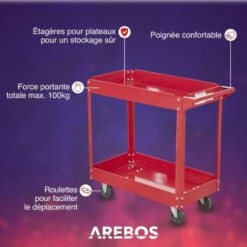 AREBOS Chariot Servante D’Atelier 2 Pièces Chariot à Outil 2 étages Acier Large Capacité De Charge Jusqu’à 100 Kg Rouge -Stanleyfaco Magasin 7557562 3