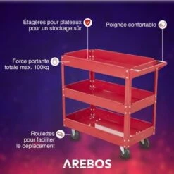 AREBOS 2x Chariot Servante D’Atelier Chariot à Outil 3 Compartiments Capacité De Charge Jusqu’à 100 Kg Rouge Acier -Stanleyfaco Magasin 7557564 3