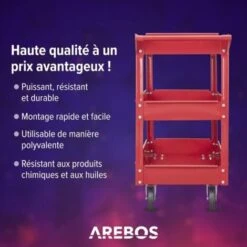 AREBOS 2x Chariot Servante D’Atelier Chariot à Outil 3 Compartiments Capacité De Charge Jusqu’à 100 Kg Rouge Acier -Stanleyfaco Magasin 7557564 4