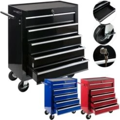 AREBOS Servante Caisse à Outils D’Atelier 5 Tiroirs Noir Tiroirs Pouvant être Verrouillés Résistante Aux Rayures