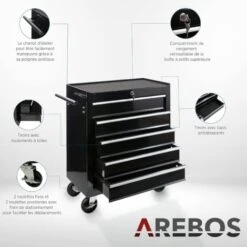 AREBOS Servante Caisse à Outils D’Atelier 5 Tiroirs Noir Tiroirs Pouvant être Verrouillés Résistante Aux Rayures -Stanleyfaco Magasin 7968593 3