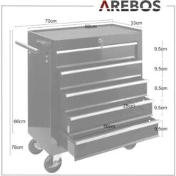 AREBOS Servante Caisse à Outils D’Atelier 5 Tiroirs Noir Tiroirs Pouvant être Verrouillés Résistante Aux Rayures -Stanleyfaco Magasin 7968593 5