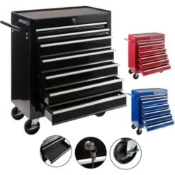 AREBOS Chariot D'atelier 7 Tiroirs Verrouillable 4 Roulettes Tapis Antidérapants Noir