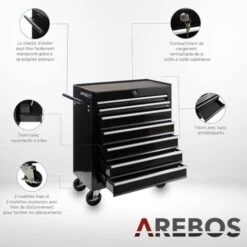 AREBOS Chariot D'atelier 7 Tiroirs Verrouillable 4 Roulettes Tapis Antidérapants Noir -Stanleyfaco Magasin 7968595 4