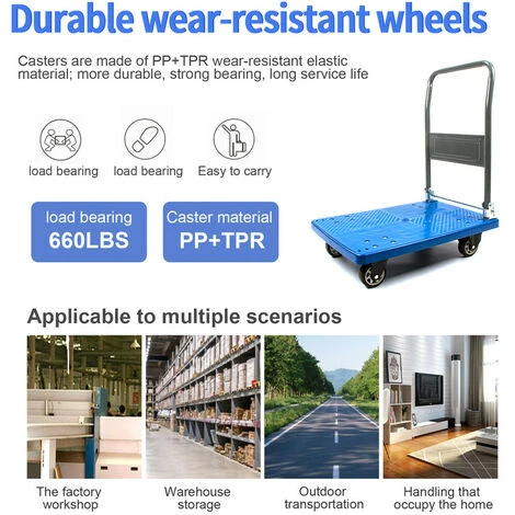 Chariot à Plate-Forme Pliable Chariot De Transport Avec Poignées, Capacité De Charge 290KG, Aide Au Transport Avec Roulettes Pivotantes, Chariot De Stockage Camionnette à Colis-Bleu 4 Chariot à Plate-Forme Pliable Chariot De Transport Avec Poignées, Capacité De Charge 290KG, Aide Au Transport Avec Roulettes Pivotantes, Chariot De Stockage Camionnette à Colis-Bleu – Image 2