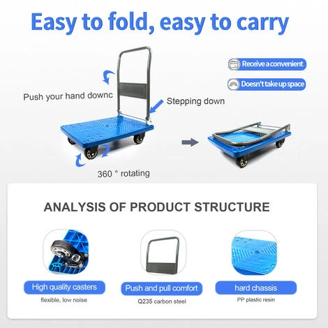 Chariot à Plate-Forme Pliable Chariot De Transport Avec Poignées, Capacité De Charge 290KG, Aide Au Transport Avec Roulettes Pivotantes, Chariot De Stockage Camionnette à Colis-Bleu 5 Chariot à Plate-Forme Pliable Chariot De Transport Avec Poignées, Capacité De Charge 290KG, Aide Au Transport Avec Roulettes Pivotantes, Chariot De Stockage Camionnette à Colis-Bleu – Image 3