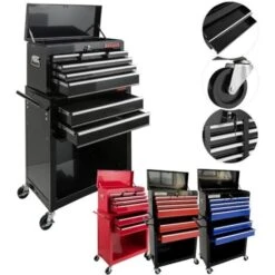 AREBOS Servante D'atelier à 9 Tiroirs Tapis AntidérapantsChariot Avec Caisse à Outils AmovibleVerrouillable Freins D'arrêt Noir