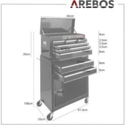 AREBOS Servante D'atelier à 9 Tiroirs Tapis AntidérapantsChariot Avec Caisse à Outils AmovibleVerrouillable Freins D'arrêt Noir -Stanleyfaco Magasin 8193551 5