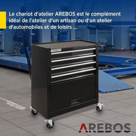 AREBOS Chariot D'Atelier Chariot à Outils 4 Tiroirs + Grand Compartiment Noir 4 Roulettes Tapis Antidérapants 4 AREBOS Chariot D'Atelier Chariot à Outils 4 Tiroirs + Grand Compartiment Noir 4 Roulettes Tapis Antidérapants – Image 2