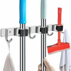 KAEJYIUTPorte-outils En Acier Inoxydable - Porte-balai Pour Le Mur, Porte-balai Auto-adhésif Des Outils De Jardin (avec Vis Et Bandes Adhésives) - 3 Supports Et 4 Crochets, Noir