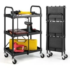 COSTWAY Chariot à Outils Pliant à 3 Niveaux Avec Roues Universelles 4 Rainures Et Mains Courantes Servante D’Atelier Charge 45 Kg