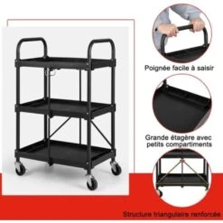 COSTWAY Chariot à Outils Pliant à 3 Niveaux Avec Roues Universelles 4 Rainures Et Mains Courantes Servante D’Atelier Charge 45 Kg -Stanleyfaco Magasin 90098608 4