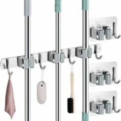 Accroche Balai Mural, Porte Balais En Acier Inoxydables Avec 3 Emplacements, 4 Crochets Et 3 Crochets Adhésifs Support Balai Organisateur Vadrouille De Rangement Pour Jardin, Cuisine, Garage H314