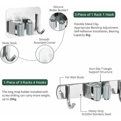 Accroche Balai Mural, Porte Balais En Acier Inoxydables Avec 3 Emplacements, 4 Crochets Et 3 Crochets Adhésifs Support Balai Organisateur Vadrouille De Rangement Pour Jardin, Cuisine, Garage H314 7 Accroche Balai Mural, Porte Balais En Acier Inoxydables Avec 3 Emplacements, 4 Crochets Et 3 Crochets Adhésifs Support Balai Organisateur Vadrouille De Rangement Pour Jardin, Cuisine, Garage H314 – Image 5