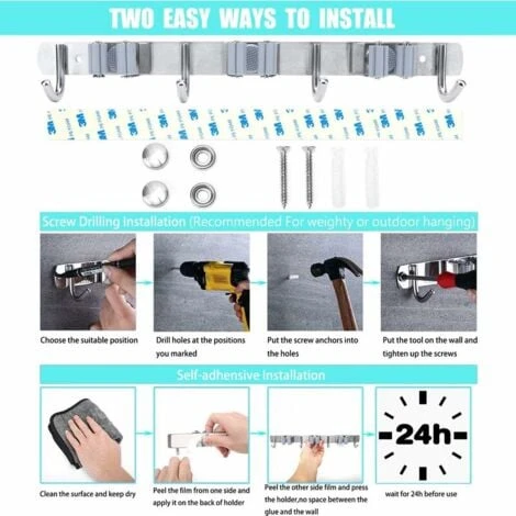 Porte Balai Mural - Accroche Balai En Acier Inoxydable, Support Cintre De Rangement Pour Cuisine, Garage, Buanderie (3 Emplacements Et 4 Crochets) 5 Porte Balai Mural - Accroche Balai En Acier Inoxydable, Support Cintre De Rangement Pour Cuisine, Garage, Buanderie (3 Emplacements Et 4 Crochets) – Image 3