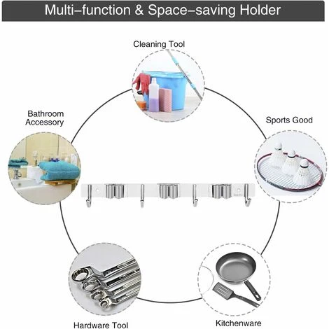 Porte-outils En Acier Inoxydable - Porte-balai Pour Le Mur, Porte-balai Auto-adhésif Des Outils De Jardin (avec Vis Et Bandes Adhésives) - 3 Supports Et 4 Crochets, Gris 5 Porte-outils En Acier Inoxydable - Porte-balai Pour Le Mur, Porte-balai Auto-adhésif Des Outils De Jardin (avec Vis Et Bandes Adhésives) - 3 Supports Et 4 Crochets, Gris – Image 3