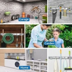 Porte Balai Mural En Acier Inoxydable, Accroche Balai Mural Avec 4 Emplacements Et 5 Crochets Pour Cuisine, Salle De Bain, Garage Et Jardin, Gris -Stanleyfaco Magasin 98597890 3